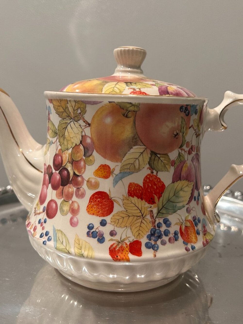 Windsor Fruit Bone China Chintz Teapot 7 inch England Berries Gold Trim VTG